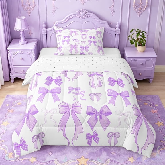 Manfei Light Purple Bow Twin Comforter Sets For Girls,Preppy Bowknot Print Bedding Set For Kids,Reversible,2 Pieces