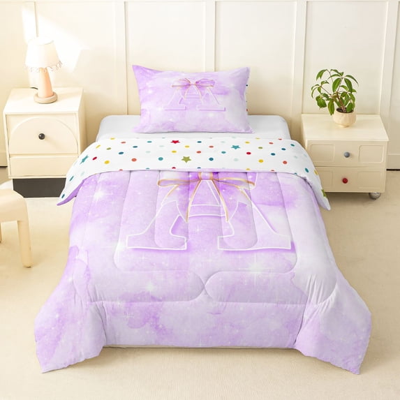Manfei Light Purple Bow Twin Comforter Sets,Girls Personalized Letter A Bedding Set,Polkadot Reversible,2pcs,1 Comforter and 1 Pillowcase