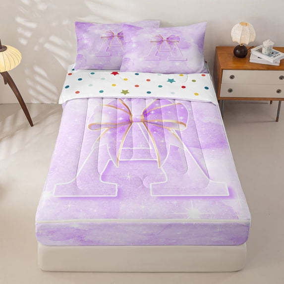 Manfei Light Purple Bow Zipper Twin Comforter Sets with Fitted Sheet and 2 Pillowcases,Girls Personalized Letter A Zipper Bedding Set,Polkadot Reversible4pcs