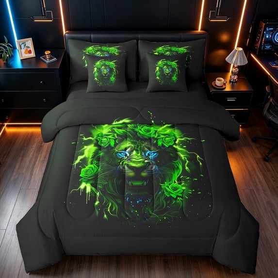 Manfei Lightning Animal King Bedding, Rose Lion King Bed in a Bag, Dark Green, Black Reversible, 7pcs