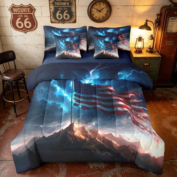 Manfei Lightning Flag King Bedding, Nature Mountain King Bed in a Bag, Red White Blue, Navy Reversible 7-Piece