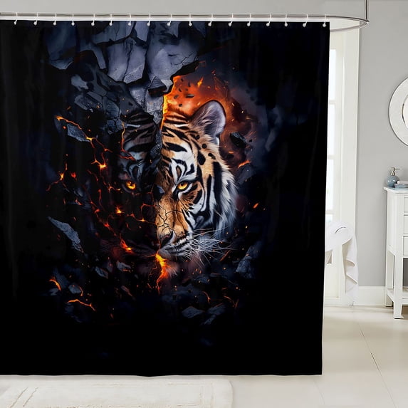 Manfei Lightning Tiger Shower Curtain 72Wx84L, Rustic Wildlife Bathroom Shower Curtain, Black Burgundy