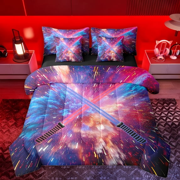 Manfei Lightsaber 7-Piece Bedding Comforter Set,Teens Colorful Neon King Bedding Sets,Pink Blue Black Bed Sheets For Boys Kids,Microfiber Bedroom Decor Reversible