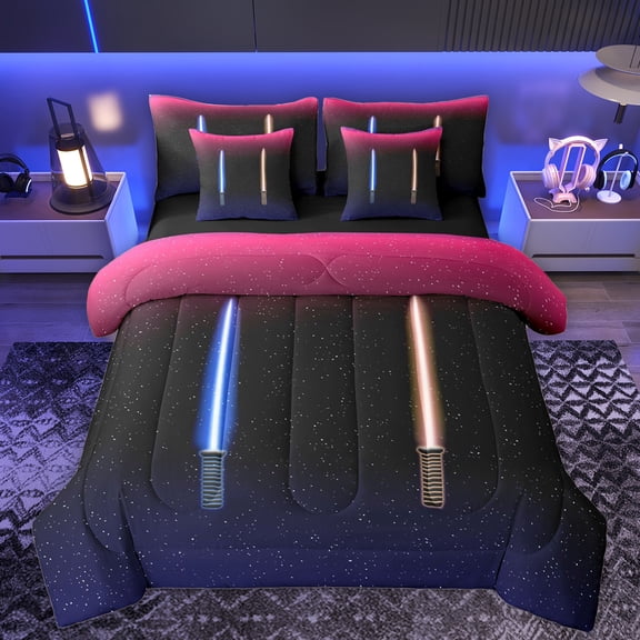 Manfei Gradient Light 7-Piece Twin Bedding Sets,Teens Colorful Neon Bedding Comforter Set,Blue Orange Black Sheet Sets For Boys Kids,Microfiber Bedroom Decor Reversible
