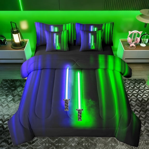 Manfei Gradient Light 7 Pieces Bedding Comforter Set,Teens Colorful Neon Full Bedding Set,Blue Green Stripes Fitted Sheet Flat Sheet For Boys Kids,Microfiber Bedroom Decor Reversible