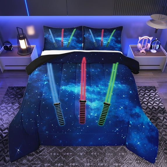 Manfei Lightsaber Bedding Comforter Set,Teens Colorful Neon Twin Comforter Sets,Red Green Blue Bedding Set For Boys Kids,Microfiber Bedroom Decor Reversible,2-Piece