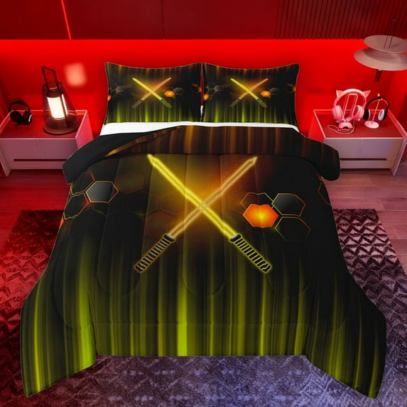 Manfei Lightsaber Bedding Comforter Set,Teens Colorful Neon Twin Comforter Sets,Yellow Stripe Line Bedding Set For Boys Kids,Microfiber Bedroom Decor Reversible,2pcs