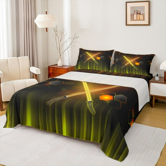 Manfei Lightsaber Queen Sheet Sets,Teens Colorful Neon Flat Sheet,Yellow Stripe Line Queen Fitted Sheet For Boys Kids,Microfiber Bedroom Decor,4 Pieces