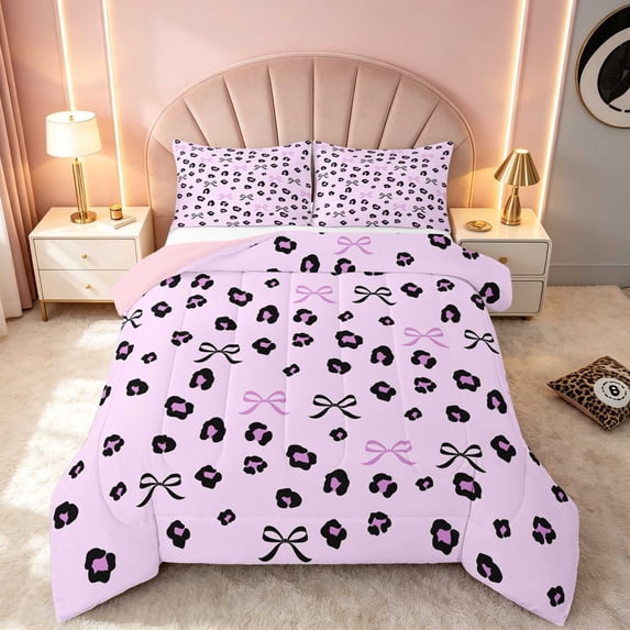 Baby Animal Ribon Manfei Lilac Leopard Bows King Size Comforter Sets, Violet Ribbon Dots ...
