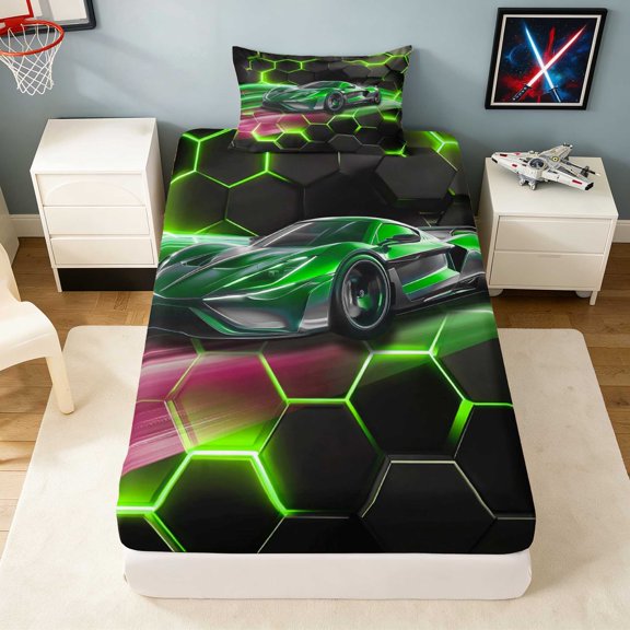Manfei Lime Green Hexagon Twin Fitted Sheet, Accelerating Race Car Bedding2 Pieces 1 Fitted Sheet and 1 Pillowcase