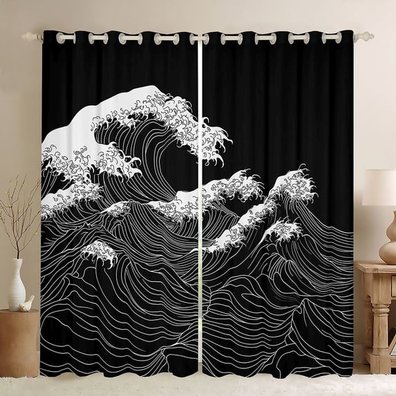 Manfei Line Art Wave Black Out Curtains for Girls Women, Black Pattern Curtains Pack of 2 (42x63 Each), Black White