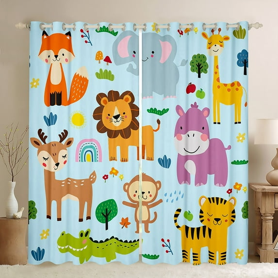 Manfei Lion Tiger Monkey Deer Curtains Pack of 2 (42x84 Each),Cartoon Animal Curtains Blackout,Kawaii Cute Bedroom Curtains,Super Cozy Wildlife Bedroom Decoration