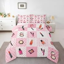 Manfei Lipstick Cosmetics Bedding Comforter Set,Geometric Plaid Twin Comforter Sets,Pink Bowtie Bow Bedding Set For Girls,Breathable Home Decor Reversible,2pcs
