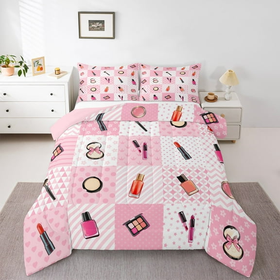 Manfei Lipstick Cosmetics Bedding Comforter Set,Geometric Plaid Twin Comforter Sets,Pink Bowtie Bow Bedding Set For Girls,Breathable Home Decor Reversible,2pcs