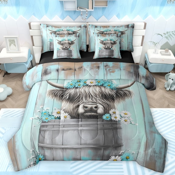 Manfei Little Rustic Cow Bedding Comforter Set 7pcs for Kids, Cartoon Cyan Flower Queen Bedding Sets, Countryside Theme Reversible Queen Sheet Sets, Microfiber Bedroom Decor