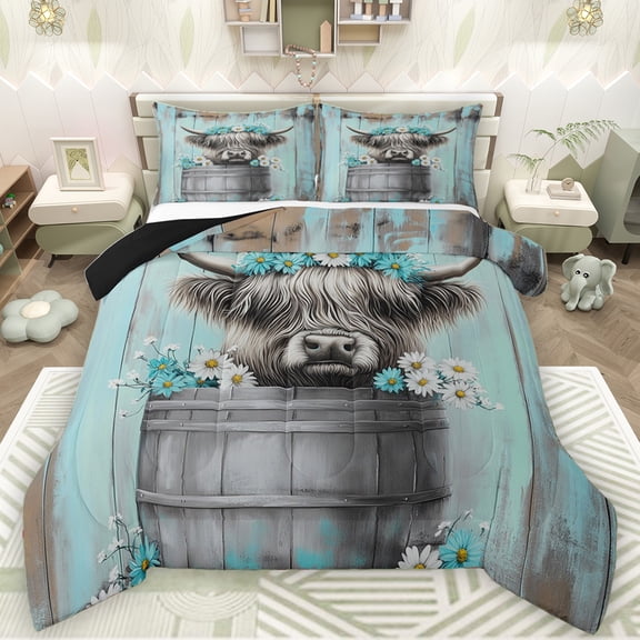Manfei Little Rustic Cow Full Size Comforter Sets for Kids, Cartoon Cyan Flower Bedding Comforter Set, Countryside Theme Reversible Bedding Sets, Microfiber Bedroom Decor, 3 Pieces