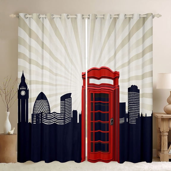 Manfei London City Silhouette Kitchen Curtains,Red Telephone Booth Black Out Curtains Pack of 2 (42x63 Each),Beige