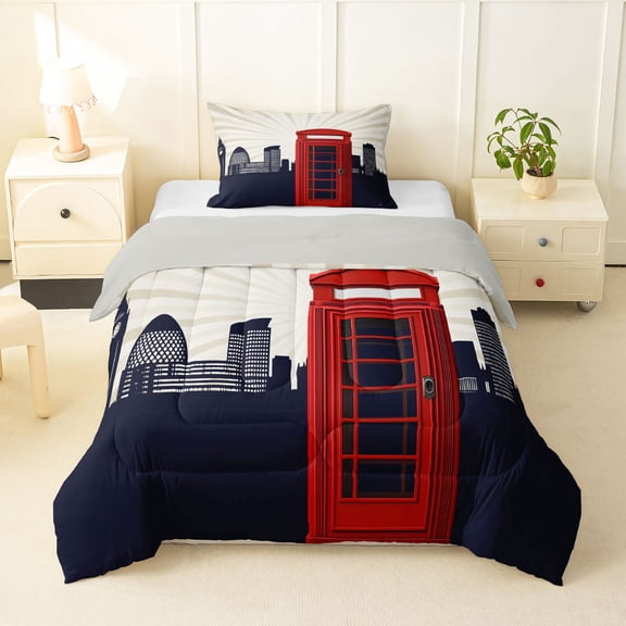 Manfei London City Silhouette Twin Comforter Sets,Red Telephone Booth Bedding Set,Beige,Light Gray Reversible,2pcs,1 Comforter and 1 Pillowcase
