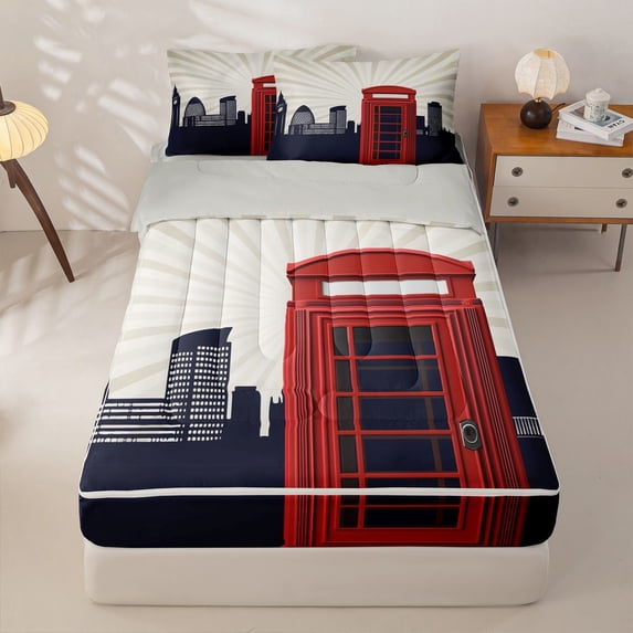 Manfei London City Silhouette Zipper Queen Comforter Set with Fitted Sheet and 2 Pillowcases,Red Telephone Booth Zipper Bedding Set,Beige,Light Gray Reversible,4pcs
