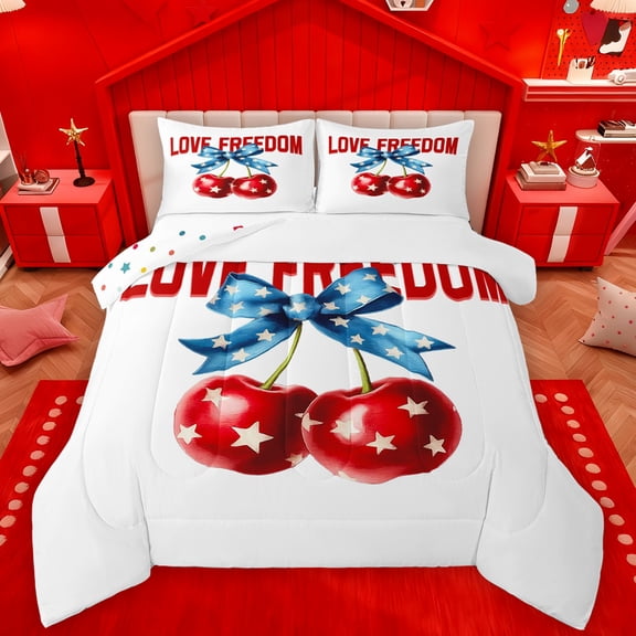 Manfei Love Freedom Print Bedding Comforter Set,Cute Stars Bowtie Ribbon Twin Comforter Sets,Red Sweet Cherry Bedding Set For Girls Teens,Breathable Home Decor Reversible,2 Pieces