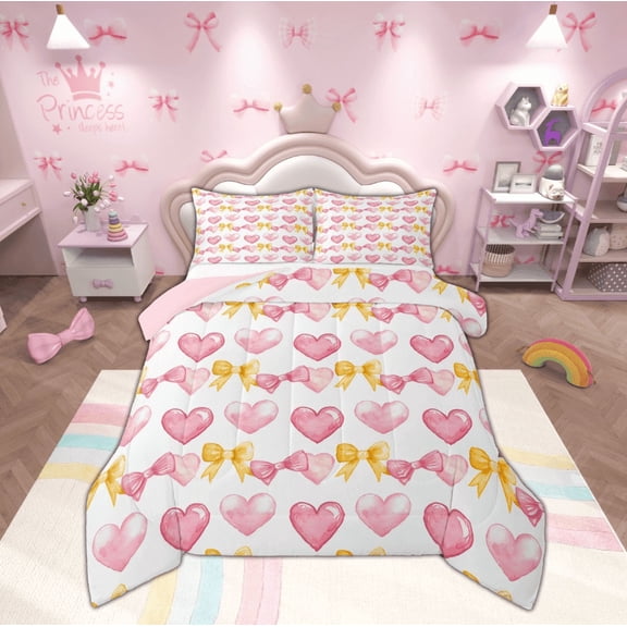 Manfei Love Heart Bedding Full Comforter Set, Yellow Bow-tie Ribbon Down Comforter, Princess Style Reversible Duvet Insert, Microfiber Room Decor, 3 Pieces