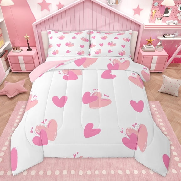 Manfei Love Heart Print 3 Pieces Queen Comforter Set for Boys Girls,Romantic Valentine's Day Ultra Soft Bedding Sets,Pink White Bedding Comforter Set,Ultra Soft Home Decor,Reversible