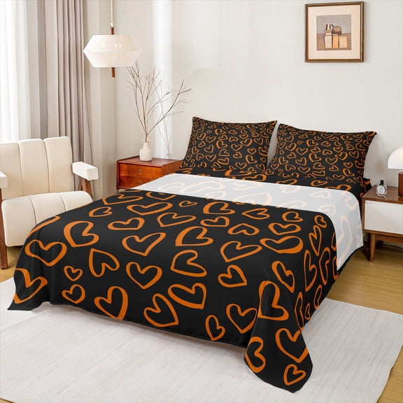 Manfei Love Heart Print 4 Pieces Queen Sheet Sets for Boys Girls,Romantic Valentine's Day Ultra Soft Flat Sheet,Black Orange Queen Fitted Sheet,Ultra Soft Home Decor
