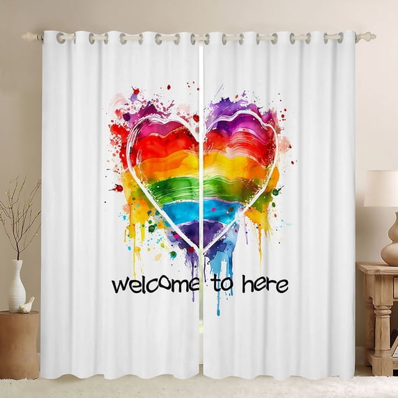 Manfei Love Heart Rainbow Curtains and Drapes Pack of 2 (52x63 Each), Modern Oil Printing Black Out Curtains, White Red