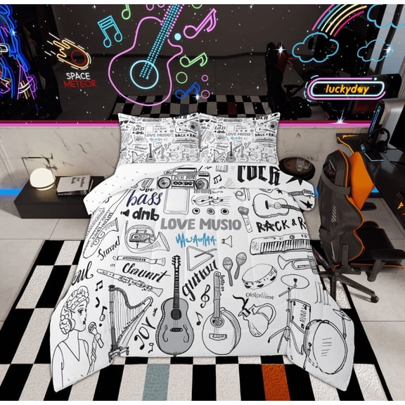 Feelyou Love Music Bedding Comforter Set, White Black Twin Comforter Sets, Guitar Piano Drum Bedding Set, Super Cozy Room Decoration, 2-Piece