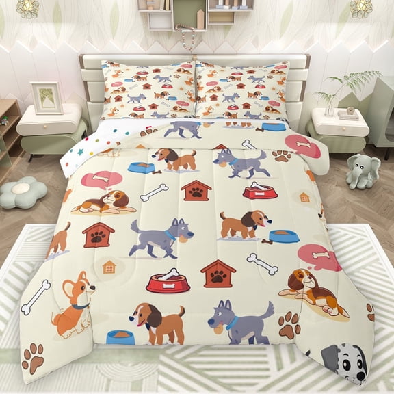 Manfei Lovelt Pet Animal Queen Comforter Set,Cute Puppy Dogs Bedding Sets,Beige Brown Bedding Comforter Set For Kids,Microfiber Bedroom Decor Reversible,3-Piece