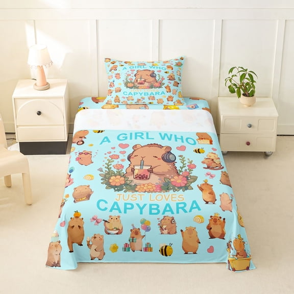 Manfei Lovely Animals Twin Sheets,Sweet Capybara Bedding,Blue,3pcs,1 Fitted Sheet and 1 Pillowcase