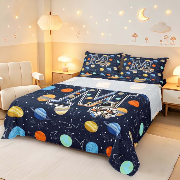 Manfei Lovely Astronaut Alphabet M Bed Sheets,Celestial Space Planets Full Size Sheets,4pcs,1 Flat Sheet,1 Fitted Sheet and 2 Pillowcases