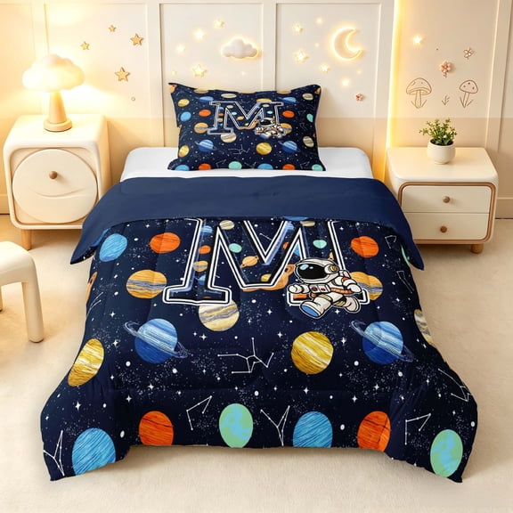 Manfei Lovely Astronaut Alphabet M Twin Comforter Sets,Celestial Space Planets Bedding Set,Navy Blue Reversible,2 Pieces,1 Comforter and 1 Pillowcase