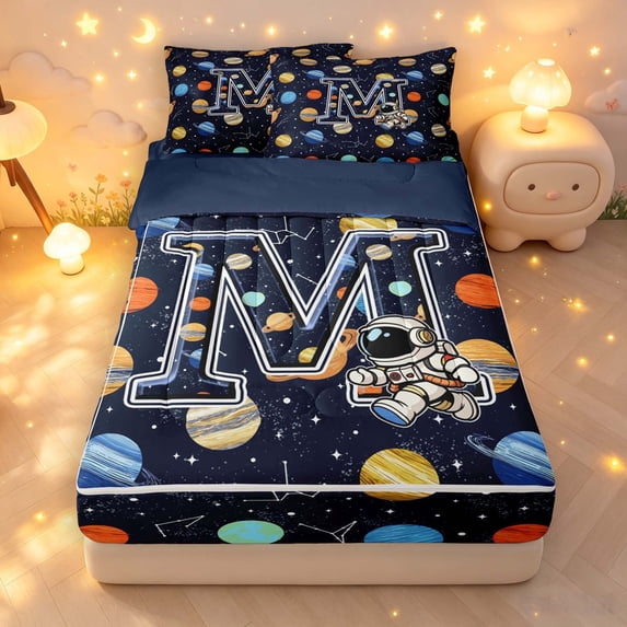 Manfei Lovely Astronaut Alphabet M Zipper Queen Comforter Set with Fitted Sheet and 2 Pillowcases,Celestial Space Planets Zipper Bedding Set,Navy Blue Reversible,4pcs