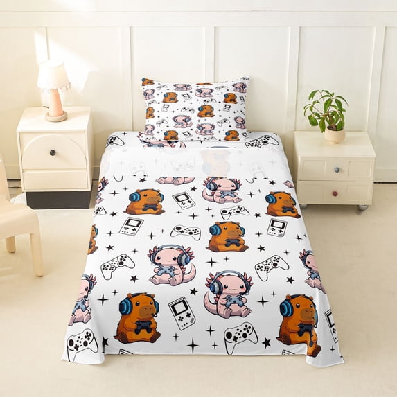 Manfei Lovely Axolotl Print Twin Sheets,Cute Capybara Bedding,White,3pcs,1 Fitted Sheet and 1 Pillowcase