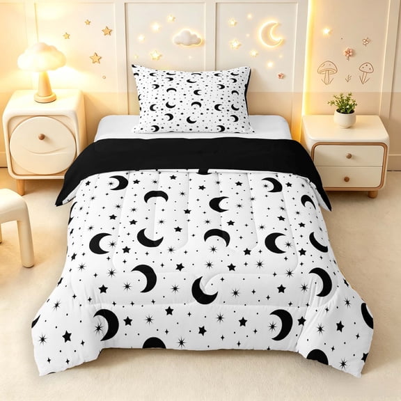 Manfei Lovely Black Moon Twin Comforter Sets,Sprinkle Stars Print Bedding Set,Black Reversible,2-Piece,1 Comforter and 1 Pillowcase