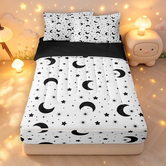 Manfei Lovely Black Moon Zipper Twin Comforter Sets with Fitted Sheet and 2 Pillowcases,Sprinkle Stars Print Zipper Bedding Set,Black Reversible,4pcs
