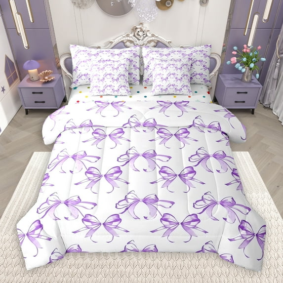 Manfei Lovely Bow 7 Pieces Bedding Comforter Set,Cartoon Bow Tie Full Bedding Set,White Purple Fitted Sheet Flat Sheet For Kids,Breathable Home Decor Reversible