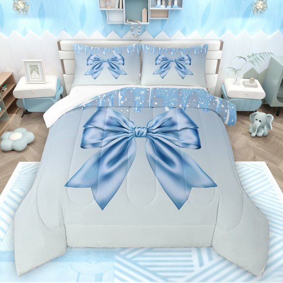 Manfei Lovely Bow Bowtie Bedding Comforter Set,Ribbon Bowknot Twin Comforter Sets,Blue Sparkling Print Bedding Set For Girls,Luxury Bedroom Decor,2 Pieces