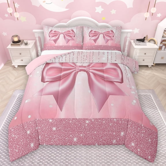 Manfei Lovely Bow Bowtie Bedding Comforter Set,Ribbon Bowknot Twin Comforter Sets,Pink Sparkling Print Bedding Set For Girls,Luxury Bedroom Decor Reversible,2-Piece