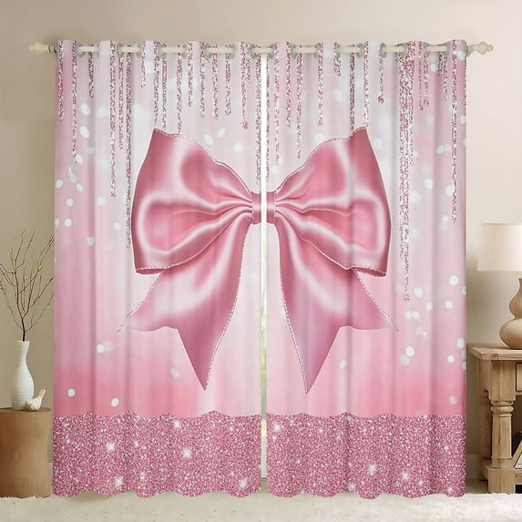 Manfei Lovely Bow Bowtie Black Out Curtains,Ribbon Bowknot Curtains Pack of 2 (42x63 Each),Pink Sparkling Print Bedroom Curtains For Girls,Luxury Bedroom Decor