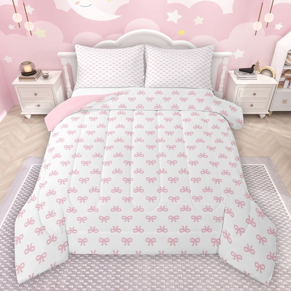 Manfei Lovely Bow Bowtie Queen Comforter Set,Ribbon Bowknot Bedding Sets,White Pink Bedding Comforter Set For Girls,Luxury Bedroom Decor Reversible,3 Pieces