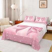 Manfei Lovely Bow Bowtie Twin Sheet Sets,Ribbon Bowknot Twin Fitted Sheet,Pink Sparkling Print Flat Sheet For Girls,Luxury Bedroom Decor,3-Piece