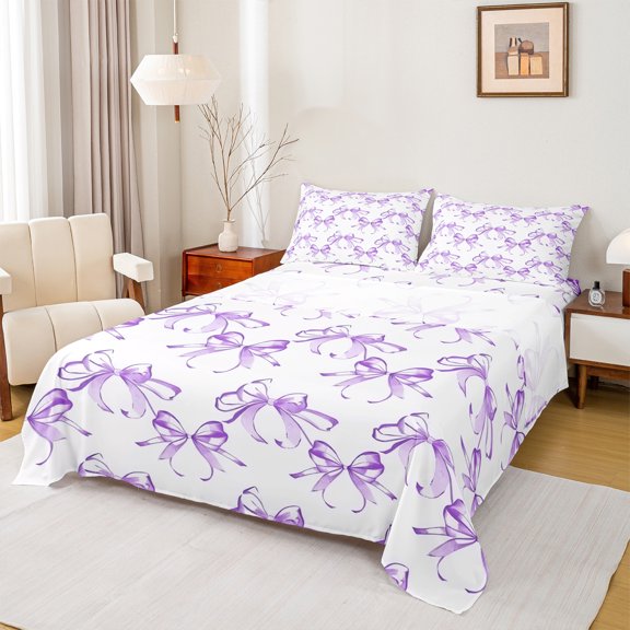Manfei Lovely Bow Queen Sheet Sets,Cartoon Bow Tie Flat Sheet,White Purple Queen Fitted Sheet For Kids,Breathable Home Decor,4-Piece
