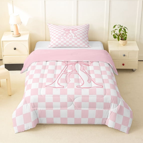 Manfei Lovely Bownot Print Twin Comforter Sets,Letter A Bedding Set,Pink,Pink Reversible,2 Pieces,1 Comforter and 1 Pillowcase
