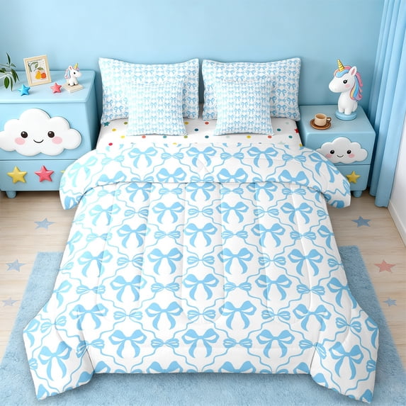 Manfei Lovely Bowtie 7pcs Bedding Comforter Set,Blue White Queen Bedding Sets,Ribbon Bow Knot Queen Sheet Sets For Girls,Microfiber Bedroom Decor Reversible