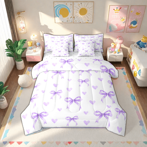 Manfei Lovely Bowtie 7pcs Bedding Comforter Set,Purple Heart Print Queen Bedding Sets,Ribbon Bow Knot Queen Sheet Sets For Girls,Microfiber Bedroom Decor Reversible