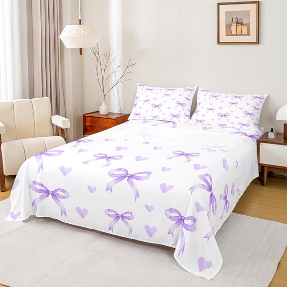 Manfei Lovely Bowtie Bed Sheets,Purple Heart Print King Sheets,Ribbon Bow Knot Sheet Set For Girls,Microfiber Bedroom Decor,4 Pieces