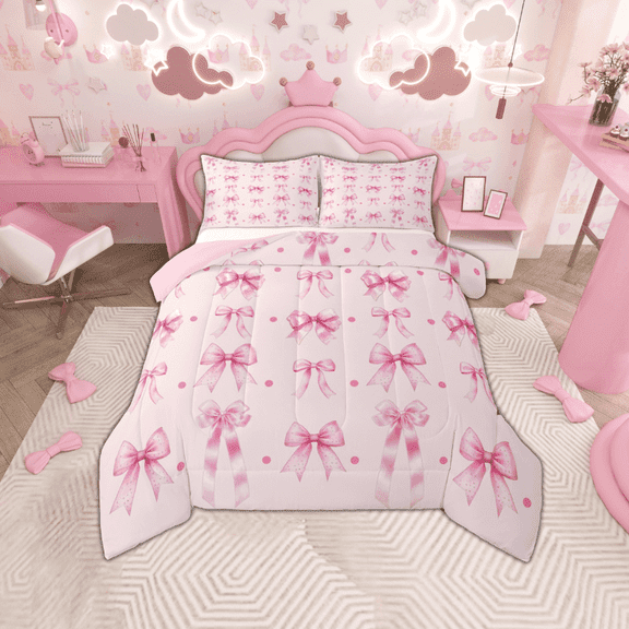 Manfei Lovely Bowtie Bedding Comforter Set,Pink Polka Dots Twin Comforter Sets,Ribbon Bow Knot Bedding Set For Girls,Microfiber Bedroom Decor Reversible,2-Piece