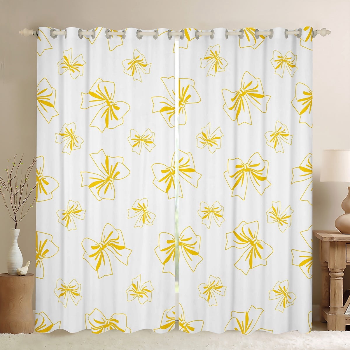 Manfei Lovely Bowtie Black Out Curtains,Yellow White Curtains Pack of 2 (42x63 Each),Ribbon Bow Knot Bedroom Curtains For Girls,Microfiber Bedroom Decor